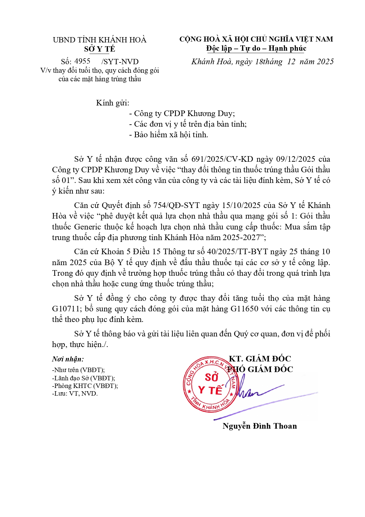 V/v thay đổi tuổi thọ, quy cách đóng gói của các mặt hàng trúng thầu